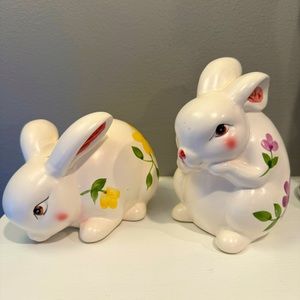 Two vintage Bunny rabbits. Ceramic rabbit figurines Hand Painted Floral Designs